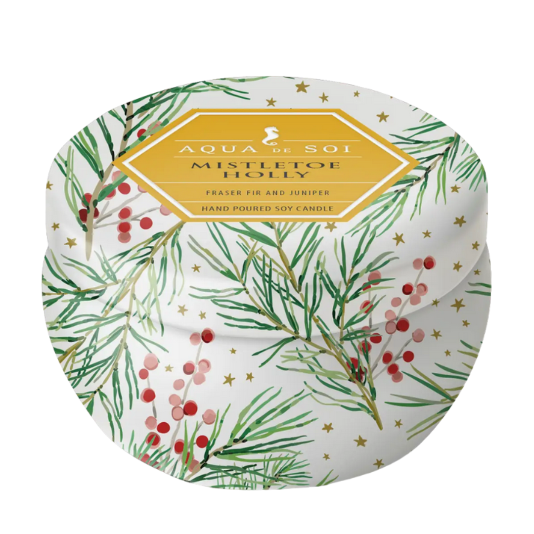Aqua de Soi's 4-ounce Mistletoe & Holly candle. Hand-poured with all-natural, Kosher soy oil for a cleaner, longer burn. This candle combines Fraser fir, balsam cedar, and juniper berry for a refreshing winter aroma.
