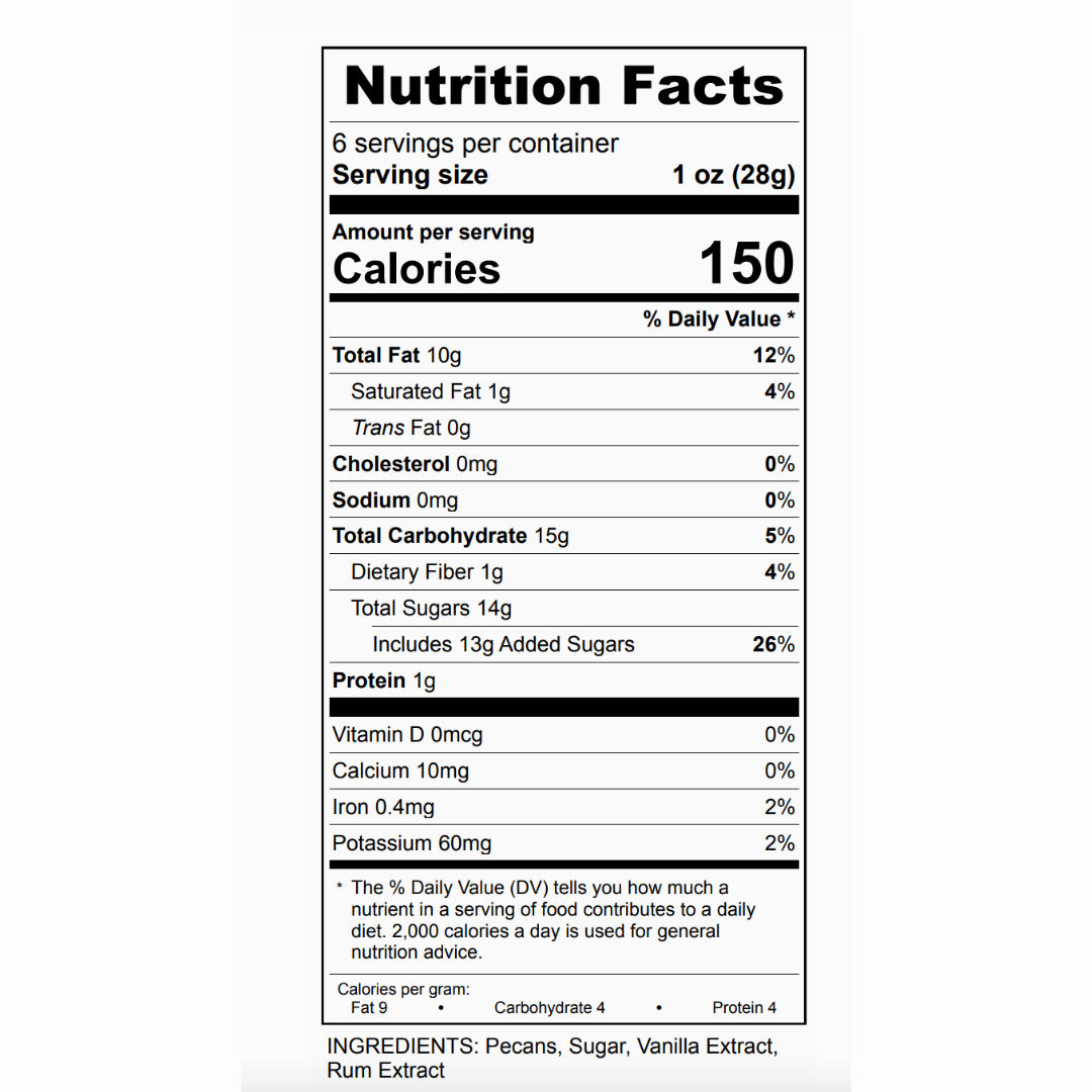 Toffee praline cashews nutritional information in black and white.