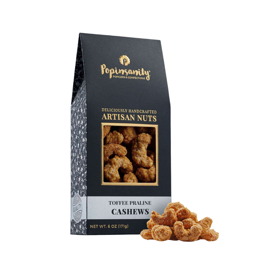 Packaged toffee praline cashews with Popinsanity branding on a white background.