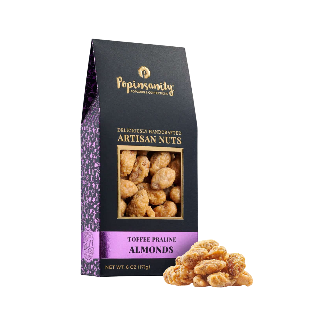 Popinsanity artisan nuts，toffee praline almonds.