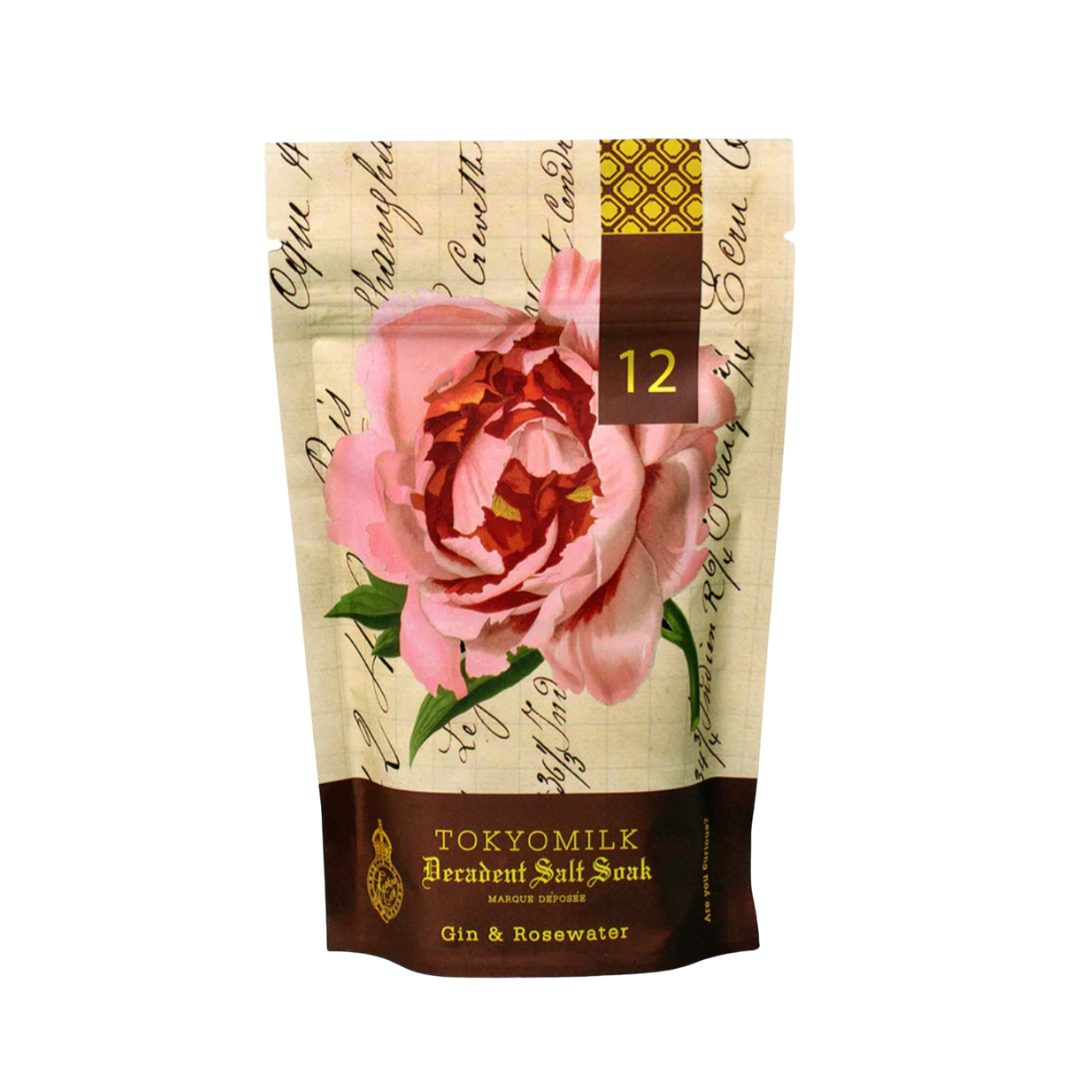 TOKYOMILK Decadent Salt Soak packaging with a pink rose design on a white background