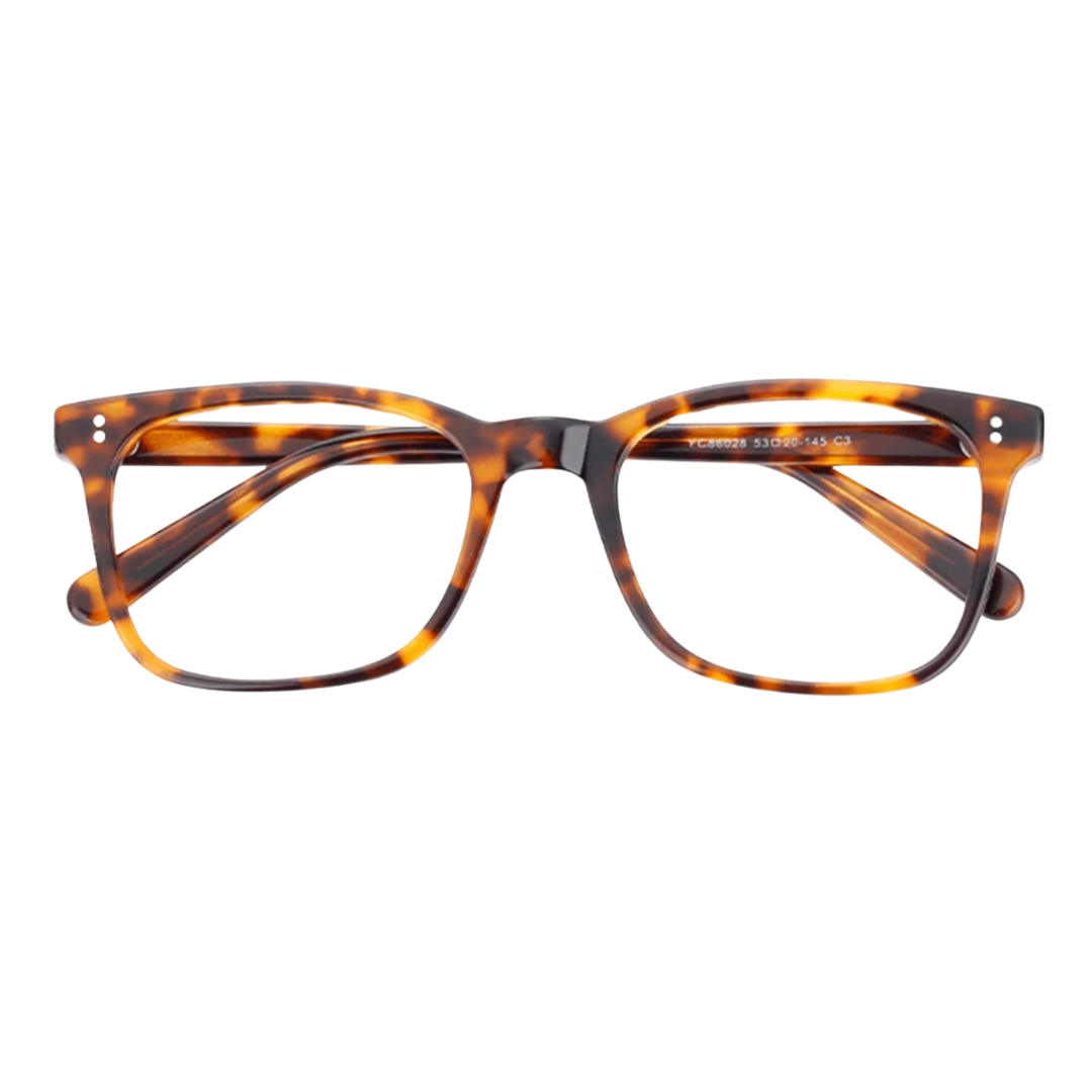 A pair of classic square-frame eyeglasses with a translucent tortoiseshell acetate frame, featuring a warm amber-brown and dark brown mottled pattern, shown against a plain white background.