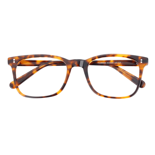 A pair of classic square-frame eyeglasses with a translucent tortoiseshell acetate frame, featuring a warm amber-brown and dark brown mottled pattern, shown against a plain white background.