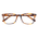 A pair of classic square-frame eyeglasses with a translucent tortoiseshell acetate frame, featuring a warm amber-brown and dark brown mottled pattern, shown against a plain white background.