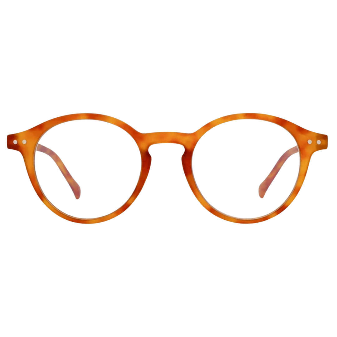 Round eyeglasses with a translucent amber-orange acetate frame and clear lenses, shown against a plain white background.