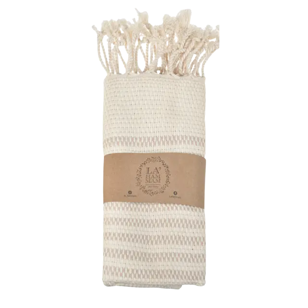 A 23x17 inch hand towel featuring cream and beige stripes, made from soft and absorbent fabric, suitable for bathroom or kitchen use.