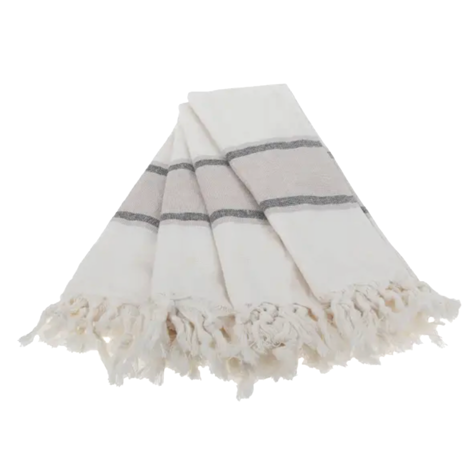 A Turkish cotton kitchen towel in white with soft grey and beige stripes, featuring a classic and elegant design. The towel is displayed flat, showcasing its high-quality, absorbent texture and subtle, neutral color palette.