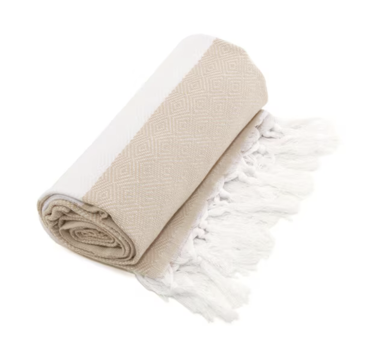 Luxurious beige and cream Turkish cotton beach towel, perfect for seaside relaxation.