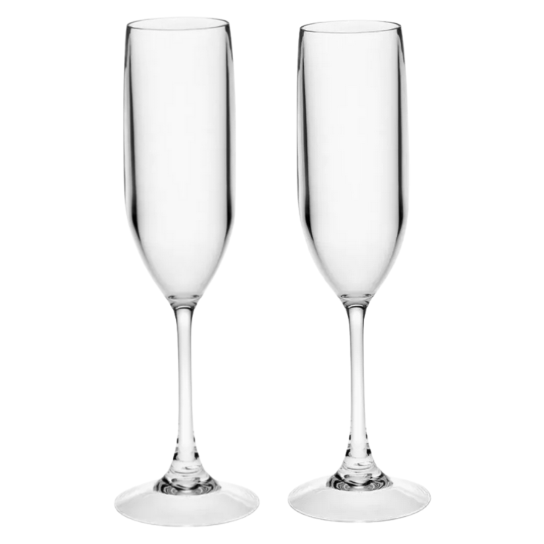 Two clear champagne flutes on a white background.