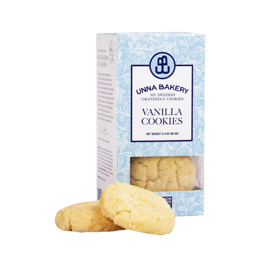 Unna Bakery vanilla cookies with blue and white packaging on a white background.