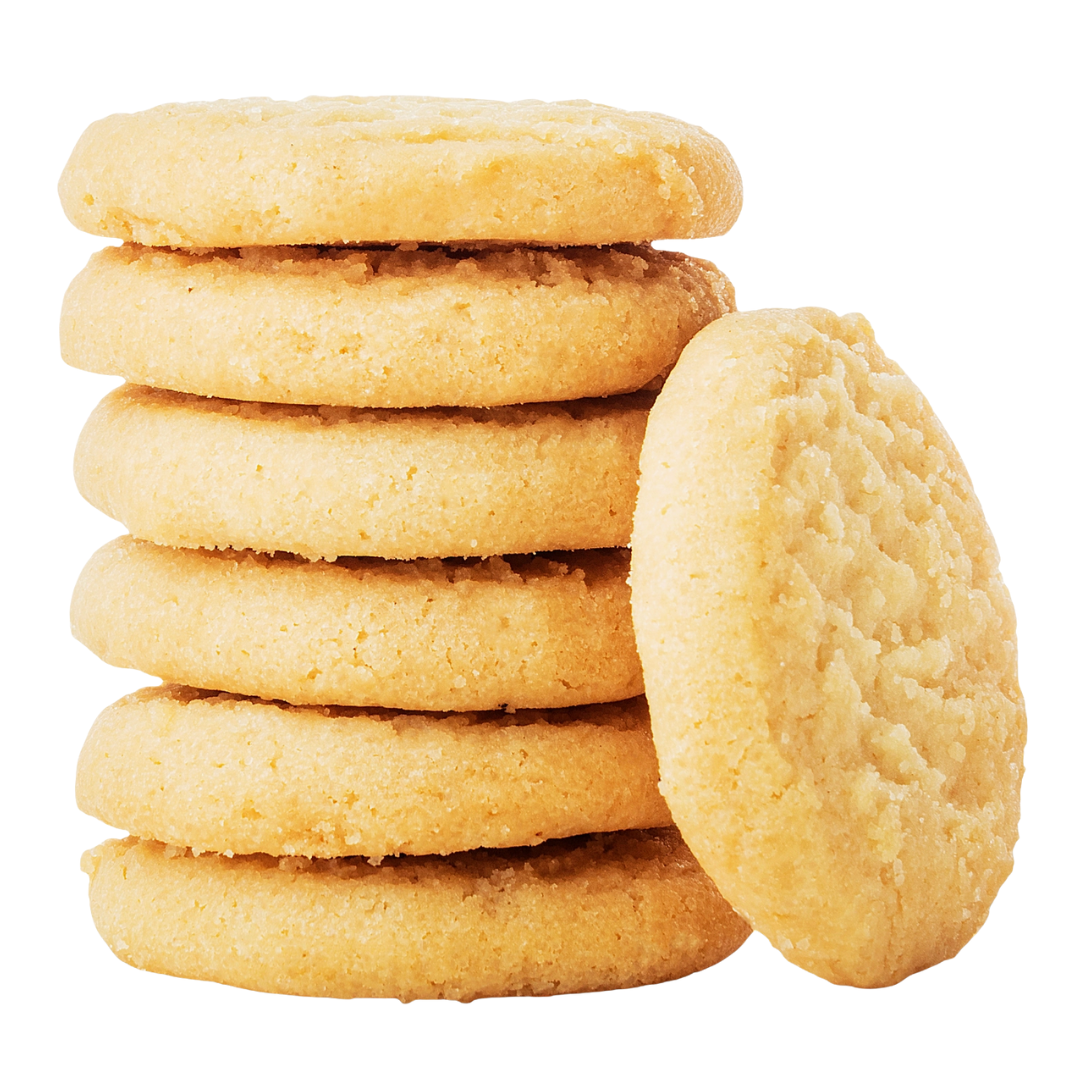 Stack of plain vanilla cookies on a white background.