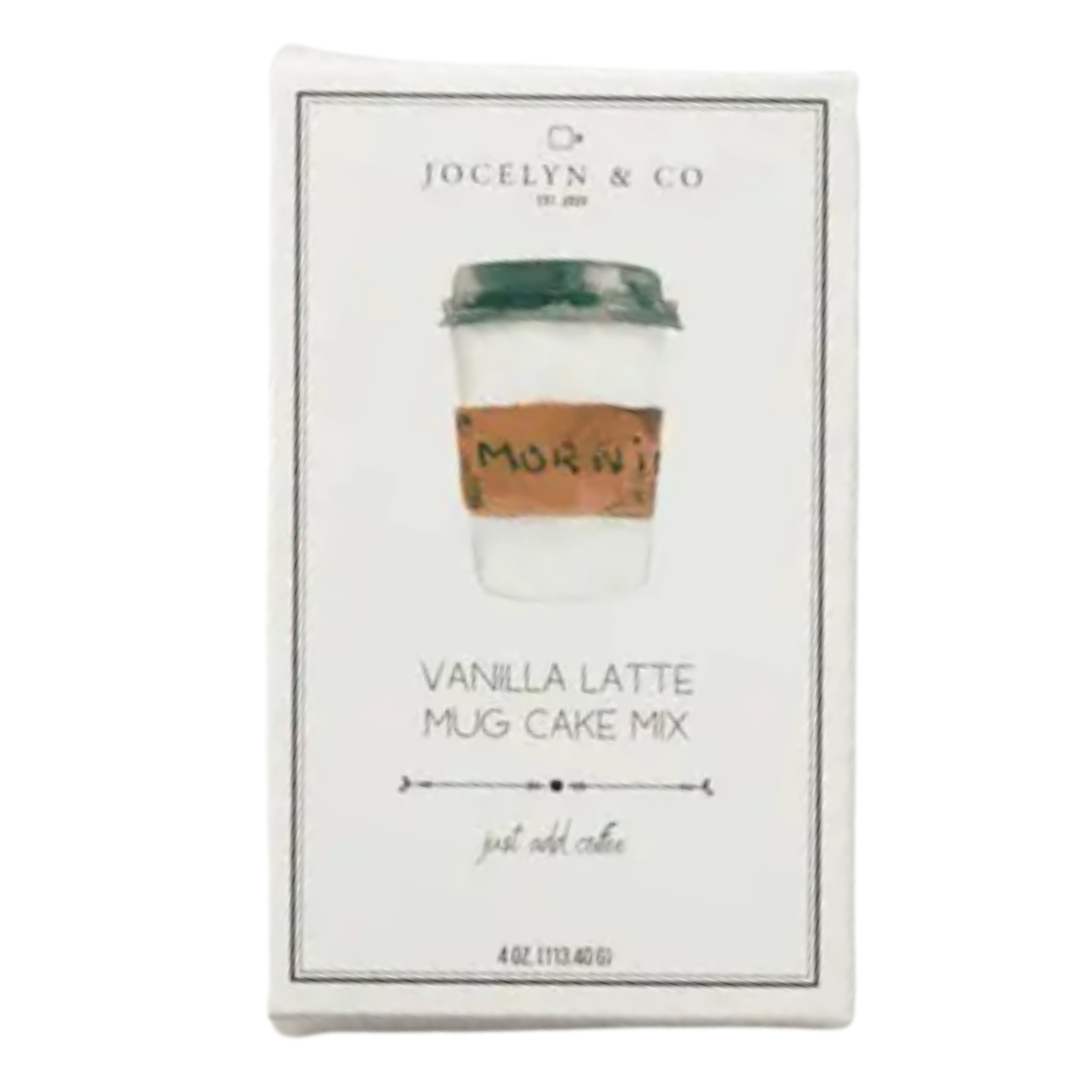 A box of vanilla latte flavored mug cake mix, featuring a cozy coffee shop-inspired design with image of a  coffee cup, highlighting the convenience and indulgence of homemade mug cakes.