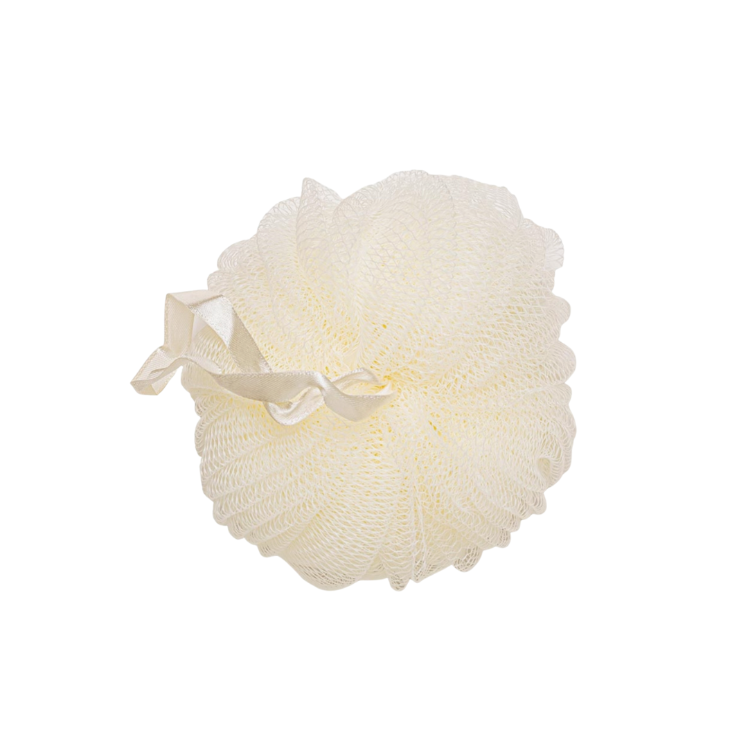 White bath pouf with a ribbon on a white background.