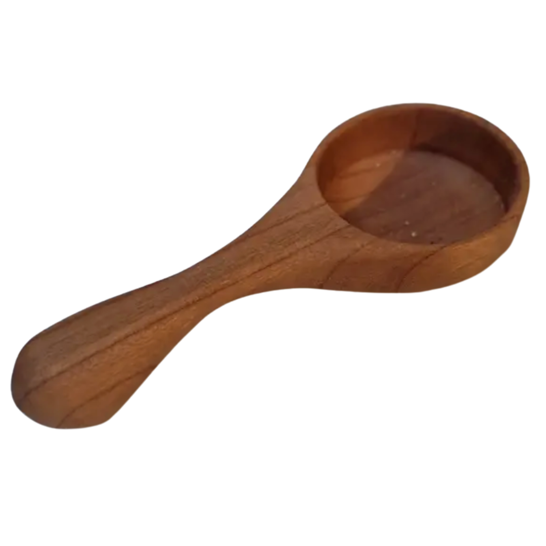 A wooden coffee scoop with a long handle and a deep, rounded bowl, designed for measuring coffee beans or grounds.