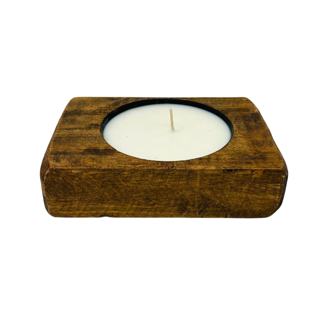 Beautiful stained wooden candle with a 9oz capacity, featuring a rustic wooden base and a sophisticated Wood Sage and Sea Salt fragrance. Offers a 25+ hour burn time and measures 6" W x 5" L x 2" H, crafted in the USA.