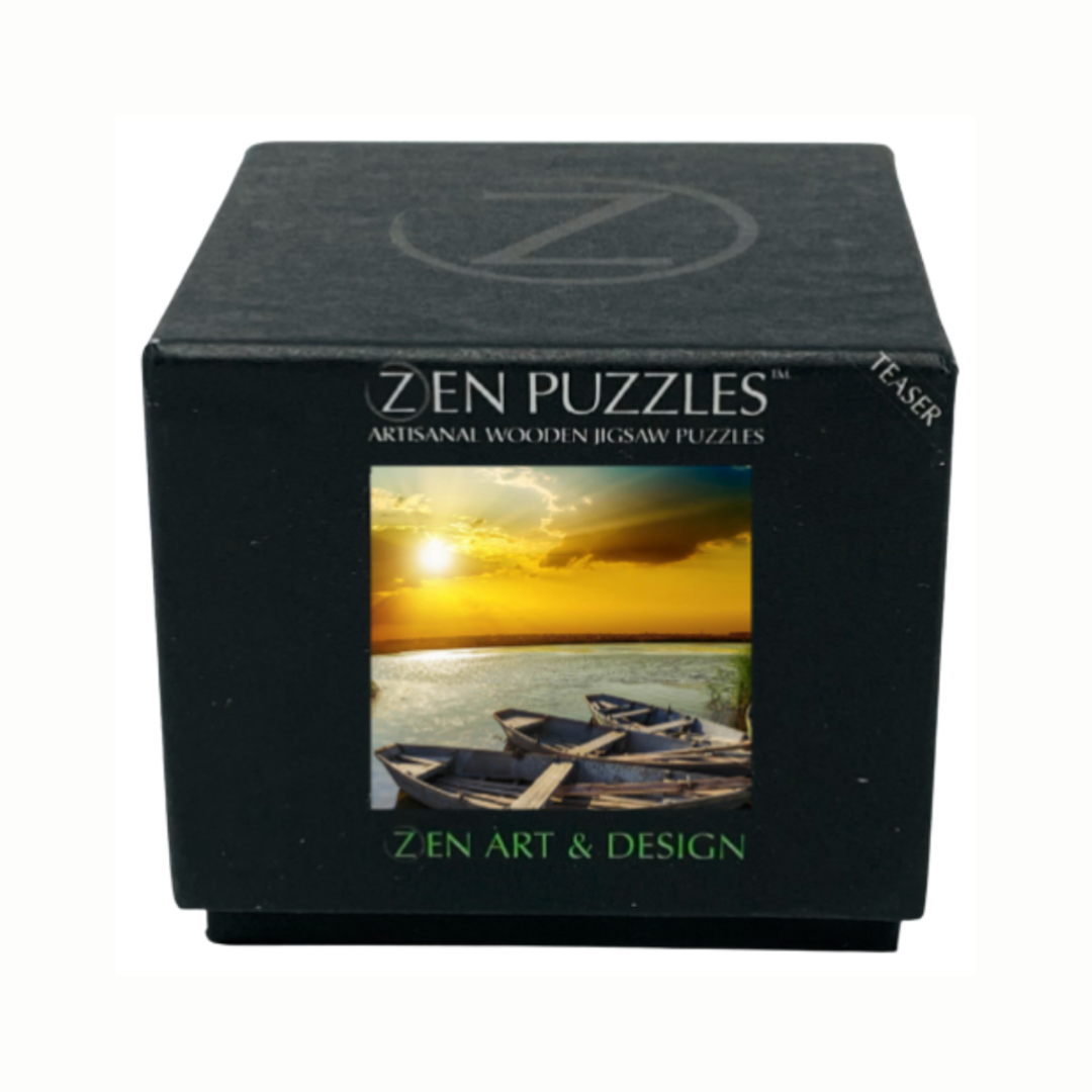 A detailed view of a Zen Wooden Jigsaw Puzzle featuring intricate, elegant patterns and charming figural pieces. The puzzle showcases its artisanal craftsmanship and eco-friendly design, with unique shapes and fine art prints.