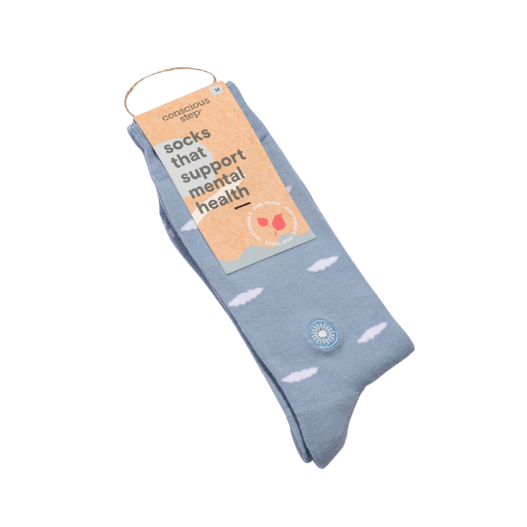 Blue sock with a label indicating mental health support on a white background