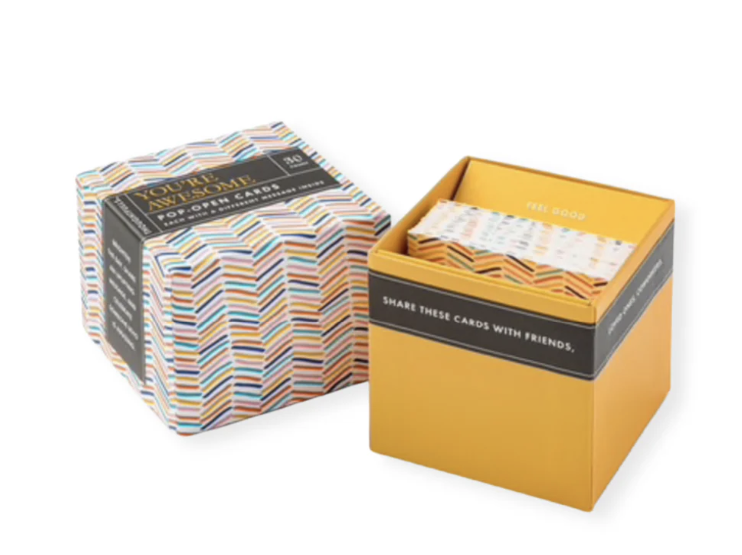 A square box featuring vibrant colors with the label "You're Awesome Pop-Open Cards." The box contains 30 cards with various inspiring messages, each designed to uplift and motivate. The cards are arranged neatly inside the box, ready to be opened and enjoyed one by one.