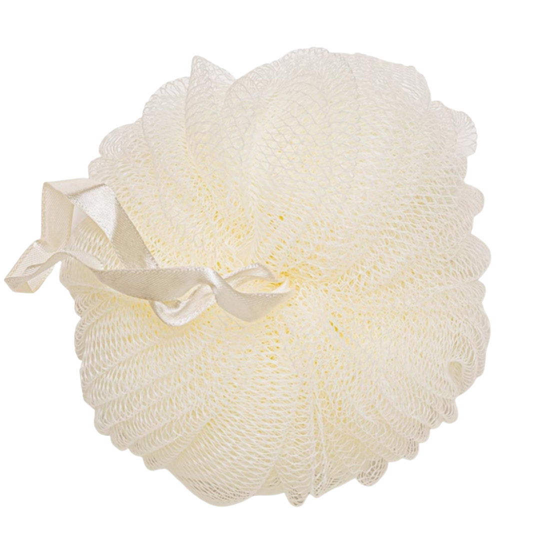 White Shower Loofah With Hanging Cord: A luxurious bath accessory for gentle exfoliation and cleansing. Ideal addition to a custom gift box at Me To You Box.