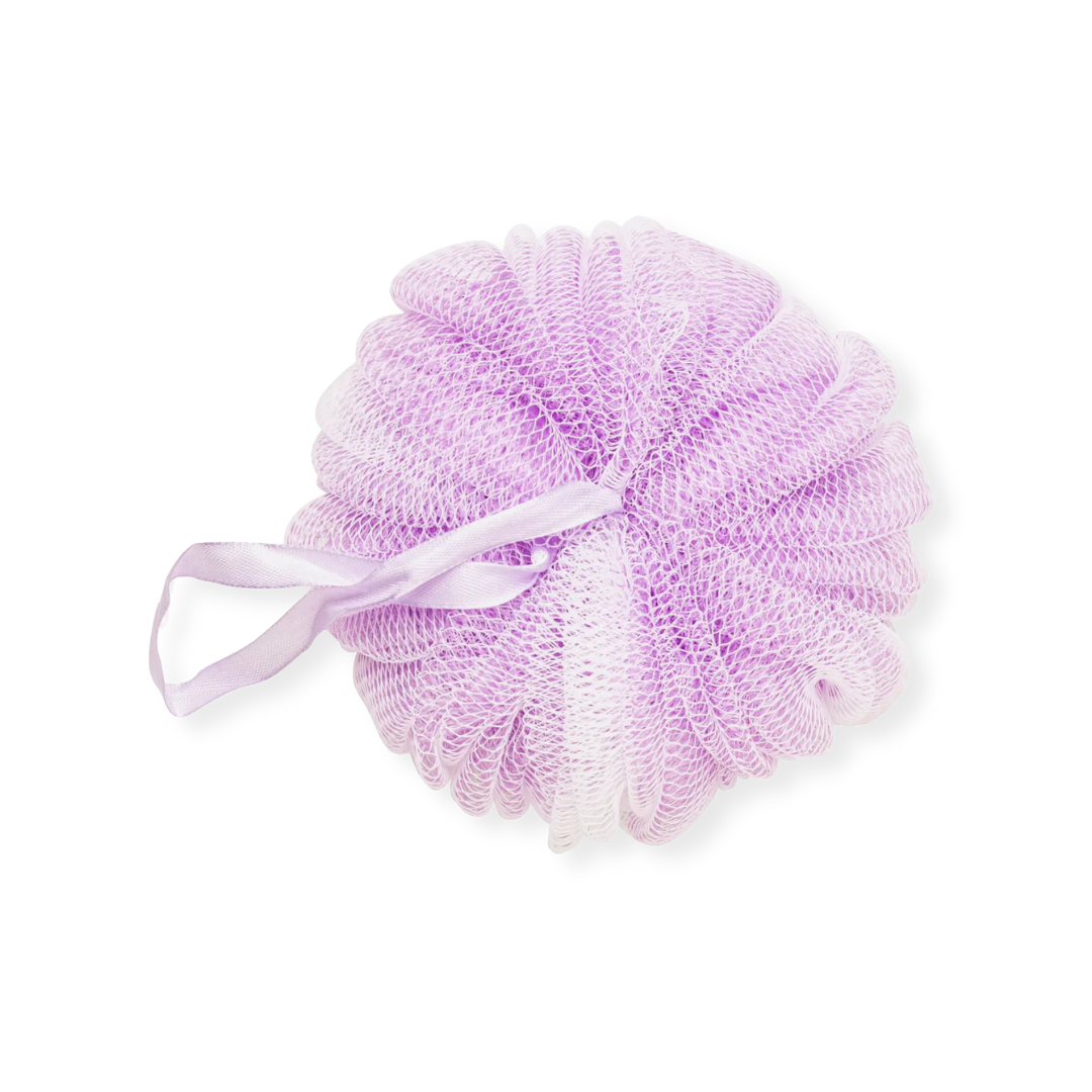 Luxurious Lavender Shower Loofah With Hanging Ribbon, an essential spa accessory for gentle exfoliation and relaxation. Elevate your self-care routine with this soothing loofah, available to add to your personalized Me To You Box gift.