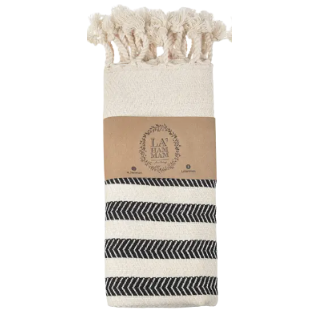 Chic 40"x18" Turkish cotton hand towel, timeless black and white stripes, luxurious and absorbent for a stylish kitchen experience.