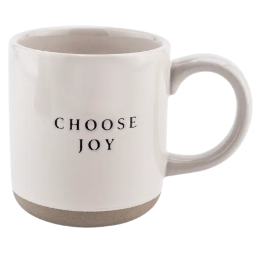 14oz stoneware coffee mug in natural color with 'CHOOSE JOY' in black, uplifting design for a positive morning ritual.