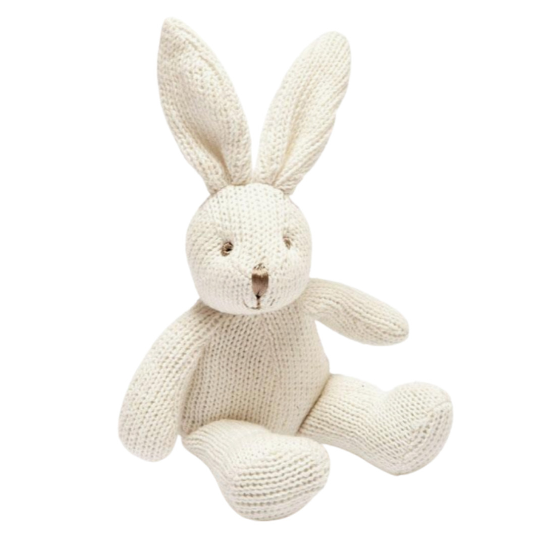 Adorable white bunny baby rattle made from knitted organic cotton, perfect for gentle play and sensory development.
