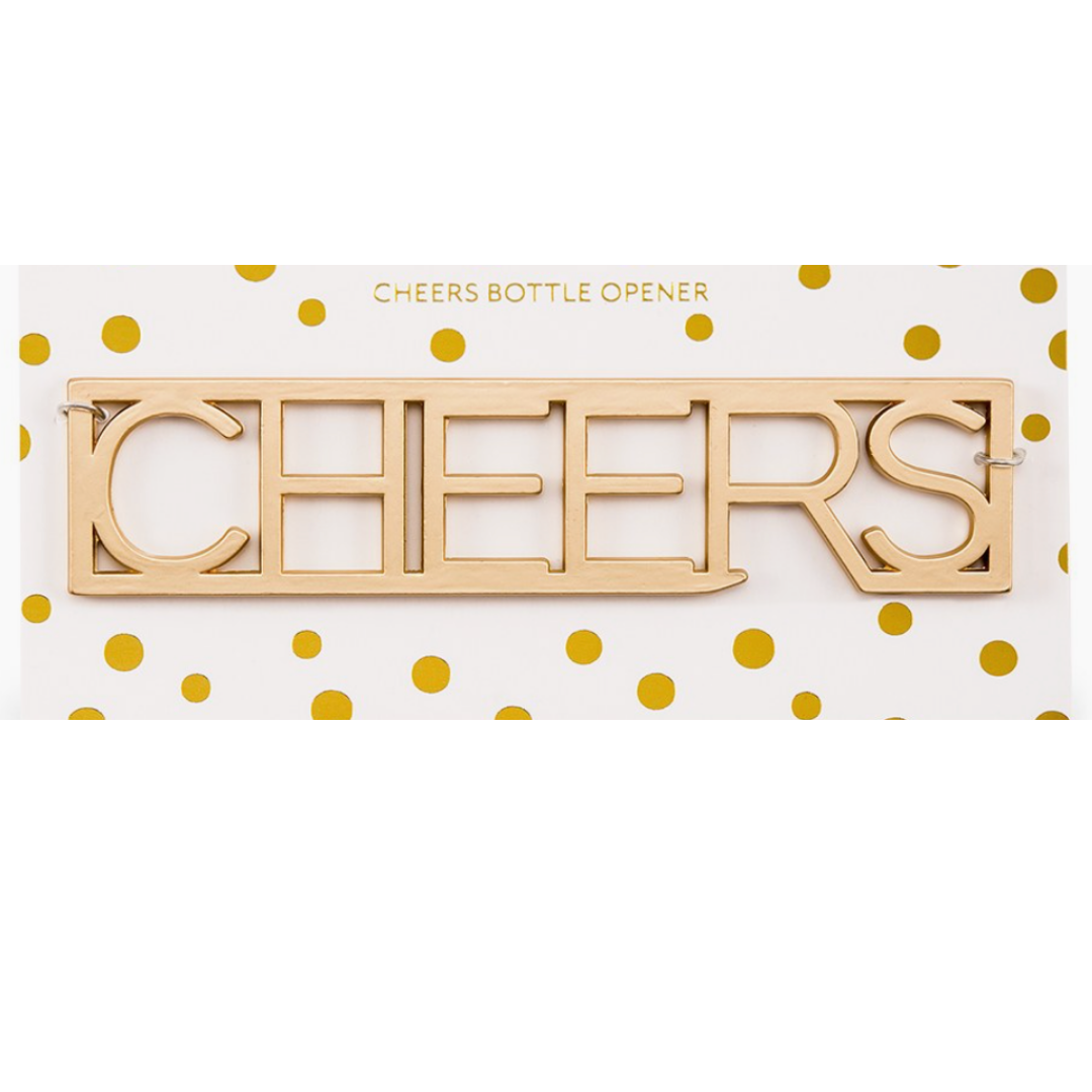 Gold bottle opener shaped like 'cheers' word, perfect for stylish celebrations and opening bottles with a touch of elegance.