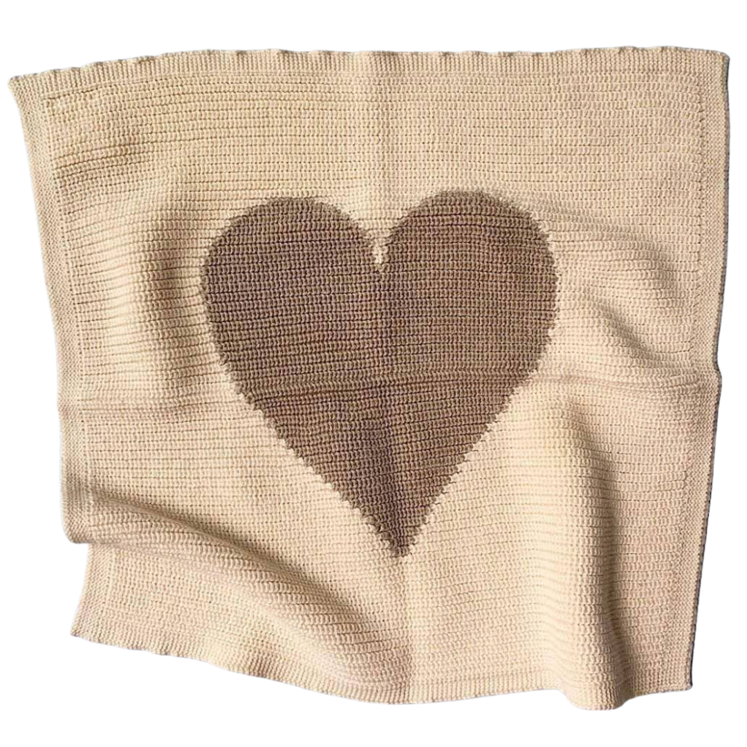 Organic Heart Lovey Blanket: 14" square, natural color with grey heart design - perfect for snuggles and comfort.