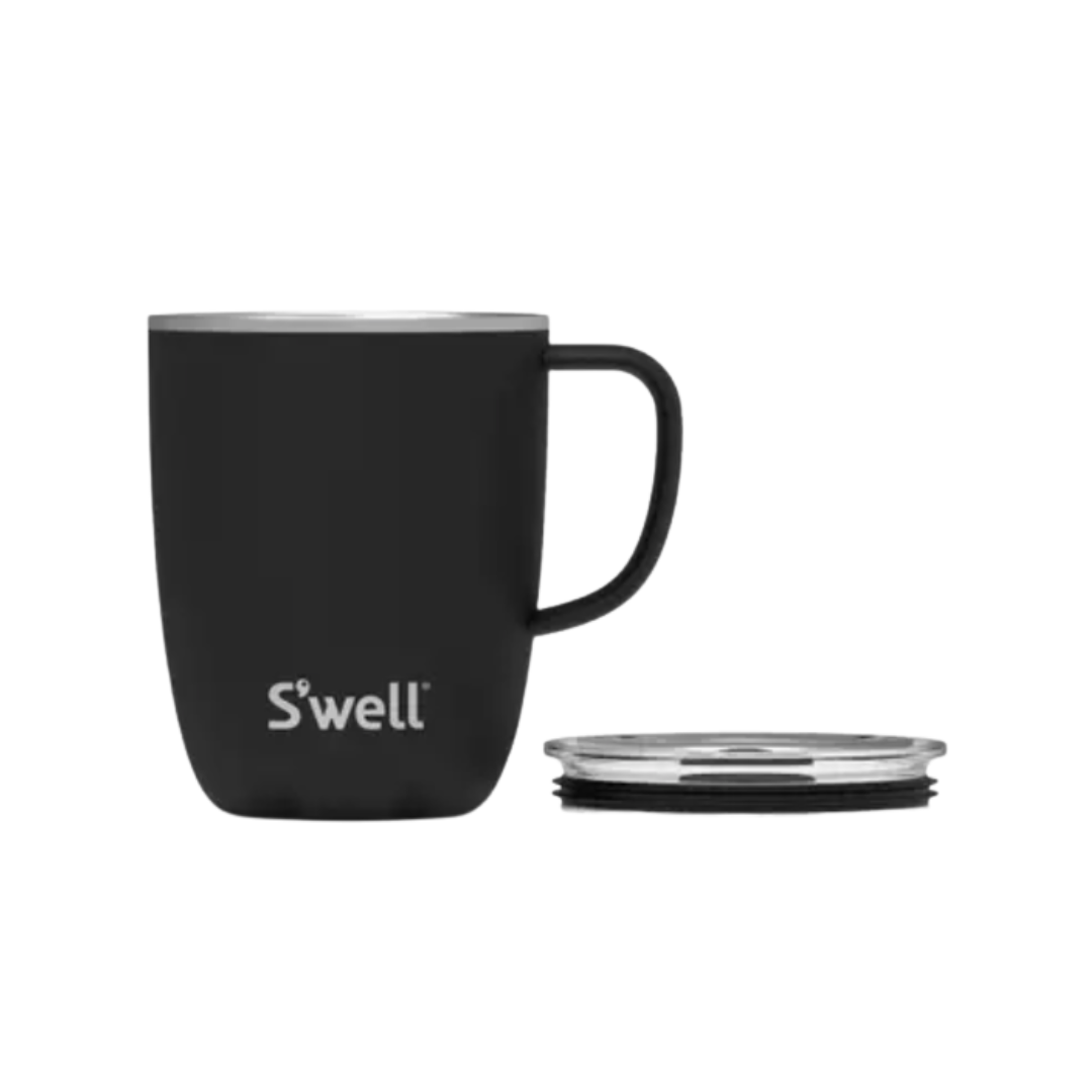 S'well onyx black insulated and reusable tumbler with handle and slide open lid.