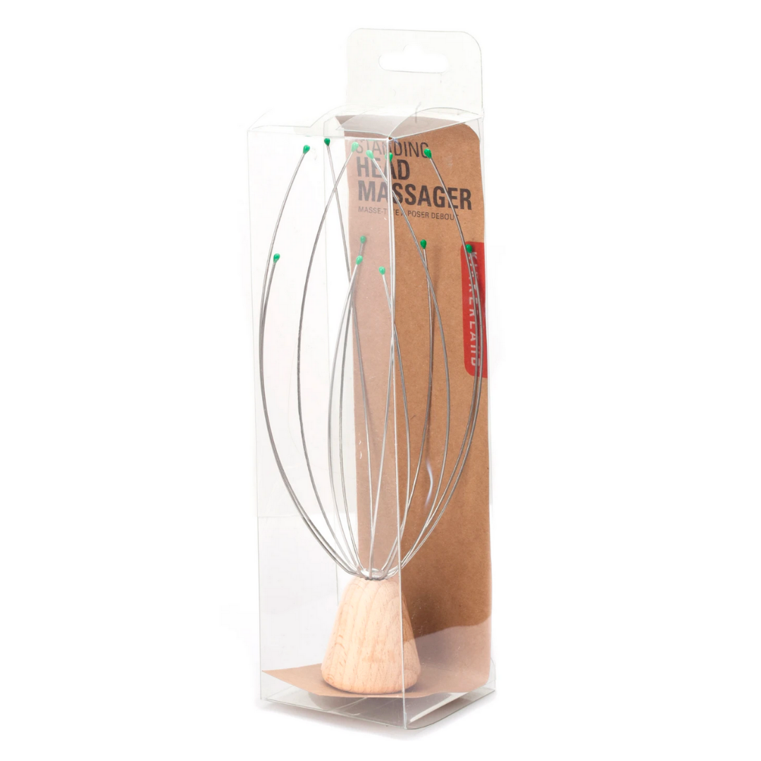 Handheld head massager with metal prongs for relaxation and stress relief.