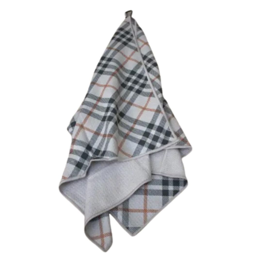 Black, grey, and red plaid golf towel with carabiner clip, perfect for attaching to golf bags.