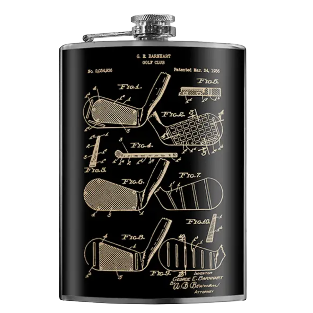 Black 8oz flask with vintage gold prints, showcasing an elegant and timeless design.