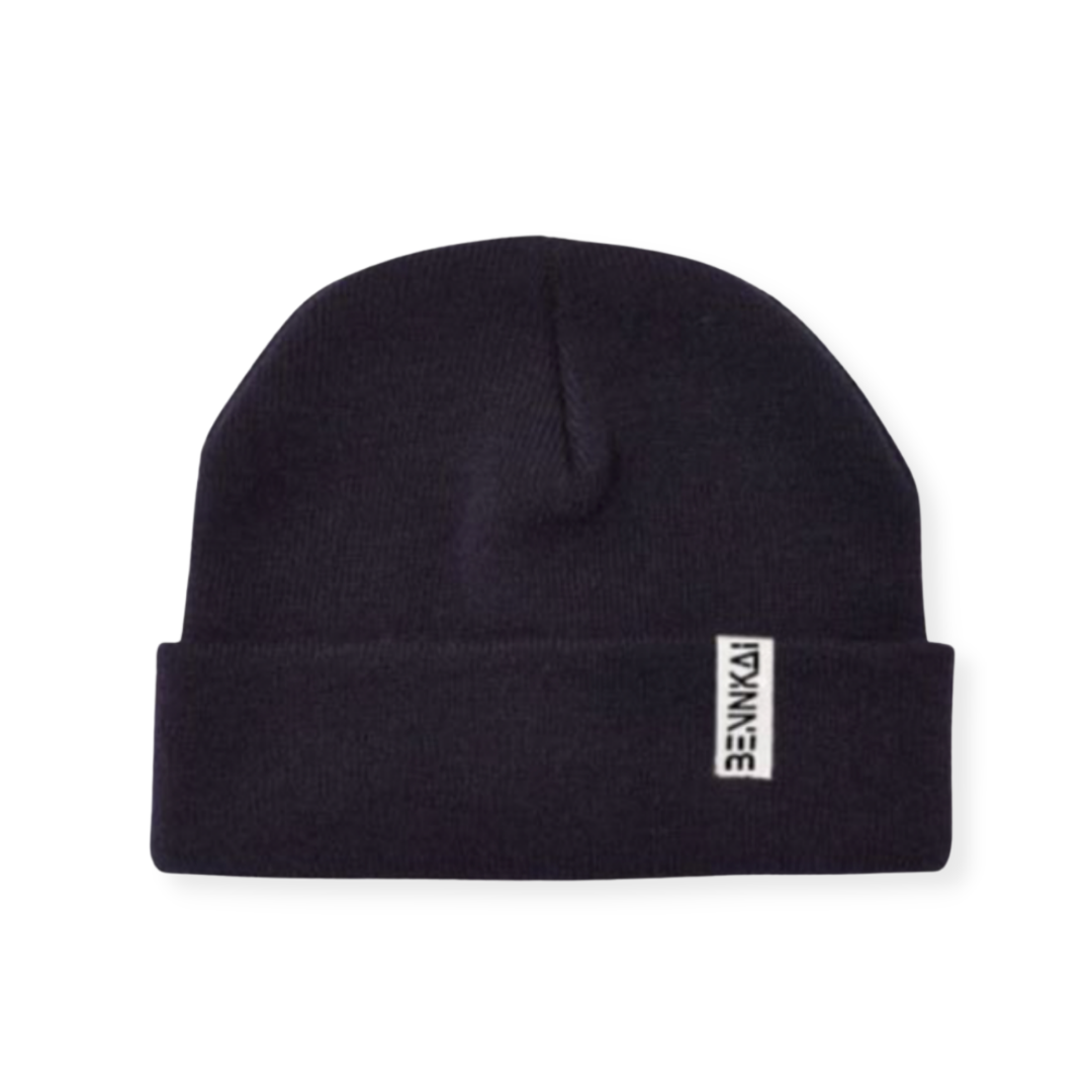 Men's Perfect Beanie in black color with a white and black tag with the brand name Bennkai on a white background.