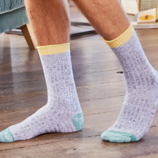 Premium Billybelt socks for men in light blue and white marled pattern with yellow top and green toe accents, designed for everyday wear and comfort.
