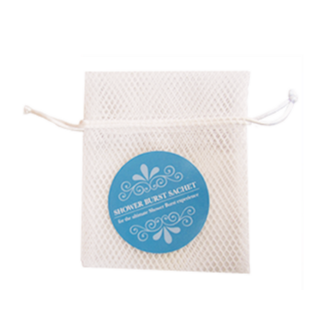 White shower steamer sachet used to house a shower steamer. Designed to allow the aromatherapy essential oils dissipate in the shower for a relaxing spa like experience at home.