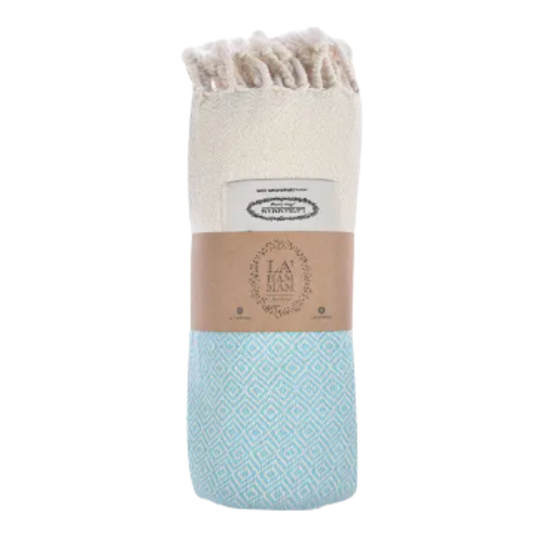 Luxurious blue and cream Turkish cotton beach towel, perfect for seaside relaxation.
