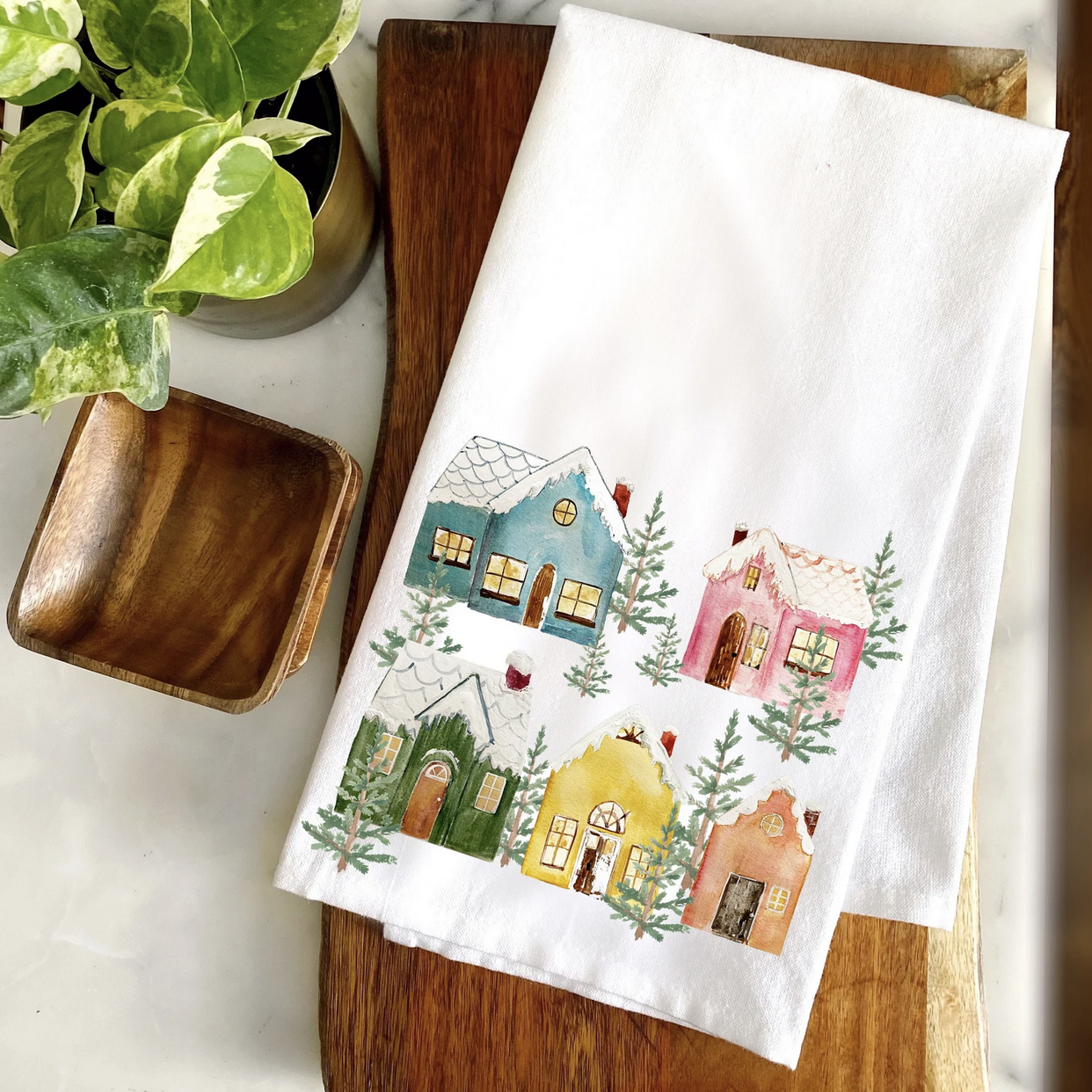 Colorful Winter Cottages Kitchen Towel